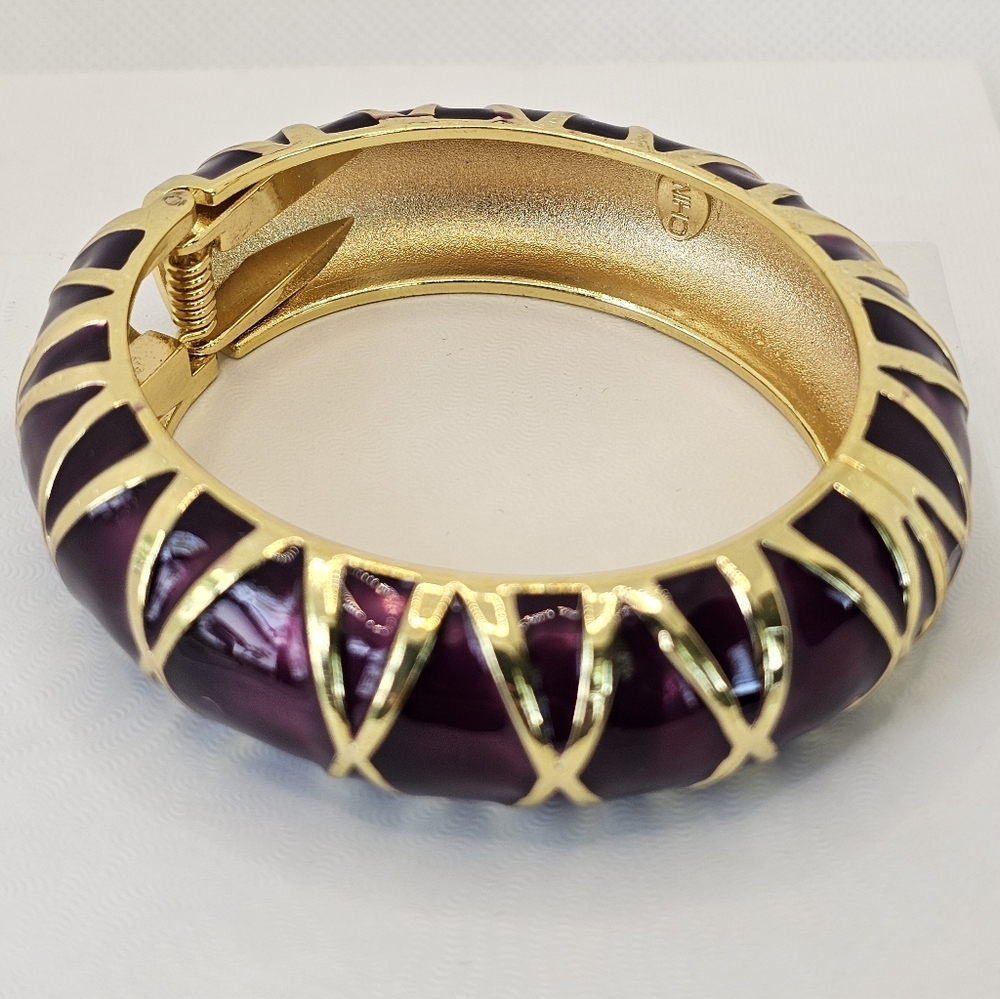 Authentic Vintage KJL Plum Metallic & Gold Clamper Bracelet.